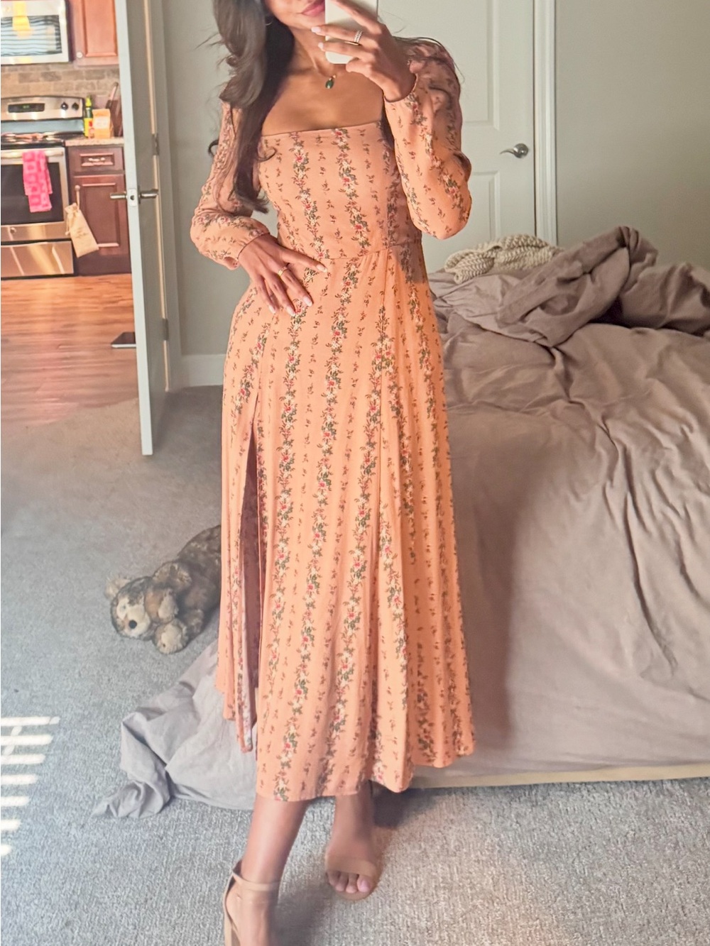 Reformation Dusty Rose Floral Square-Neck Long Sleeve Maxi Dress - Picture 3 of 3